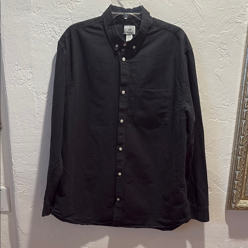 H&M Black Casual Button Down Oxford  Shirt with button Collar